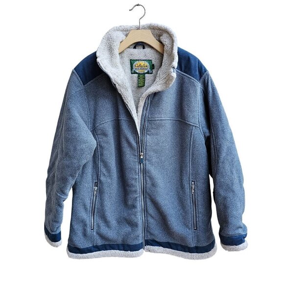 Cabelas Sherpa Fleece Jacket Gray & Blue Lined Full Zip Jacket Barn Coat, Large - Picture 2 of 11